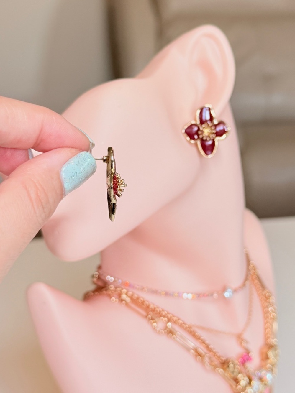 Gold and Burgundy Flower Stud Earrings - Picture 7 of 13